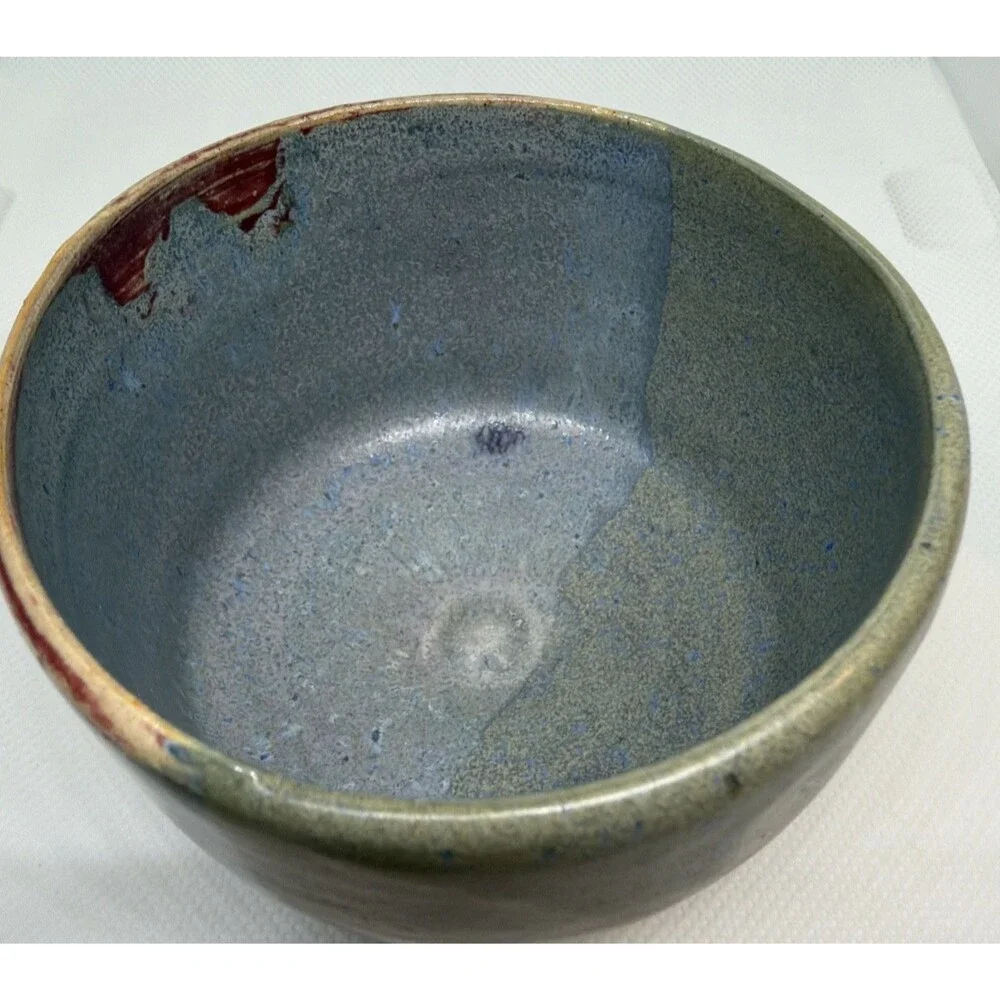 Handmade Studio Pottery Matcha Tea Bowl Chawan Signed Tri-Color Drip Glaze